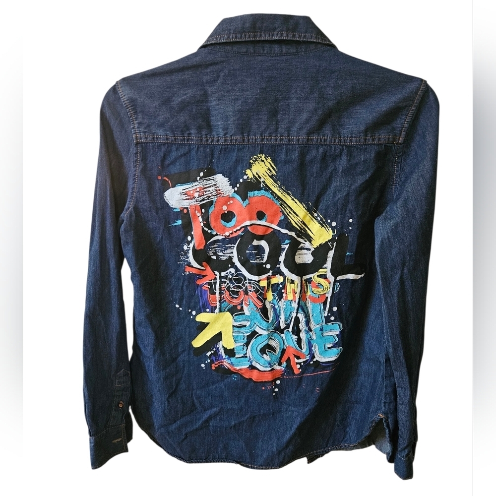Zara Graffiti Denim 100% Cotton Button Up Shirt Women S